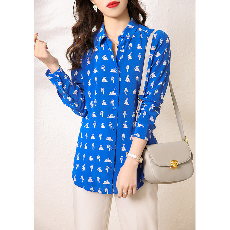 2025 Silk shirt age reduction fresh contrasting color white rabbit printing silk shirt long sleeve silk top Hangzhou women's clothing