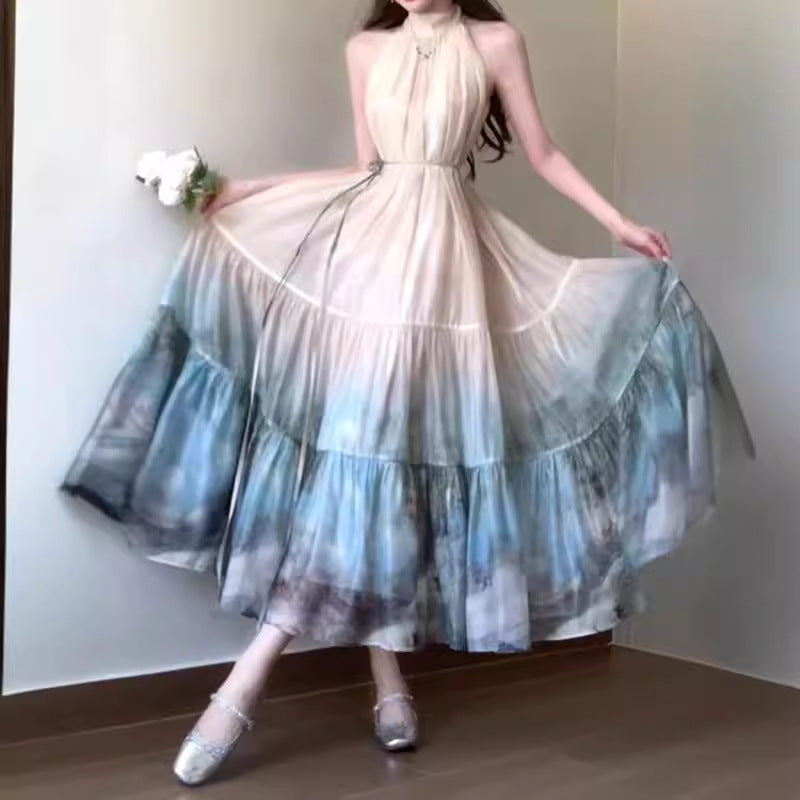 2025 New Chinese style smudge print dress summer neck super fairy long dress vacation pendulum fairy dress