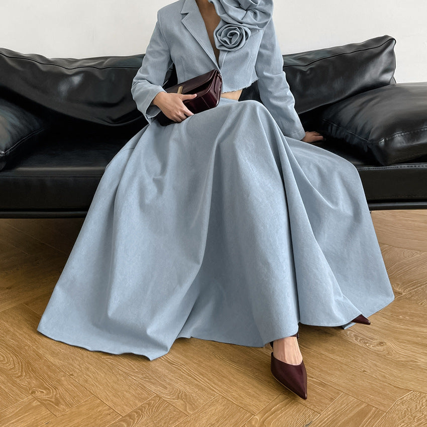XAKXX 2025Autumn and winter retro elegant blue cotton and linen loose high waist and ankle skirt 2025 popular minimalist fashion casual skirt