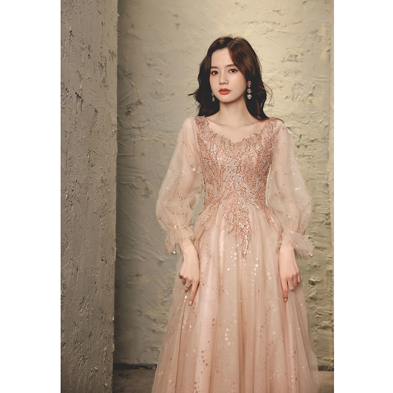 Fairy Dress 2025 New Spring Host Dignified Atmospheric Dress Long Sleeve V-Neck Banquet Evening Dress