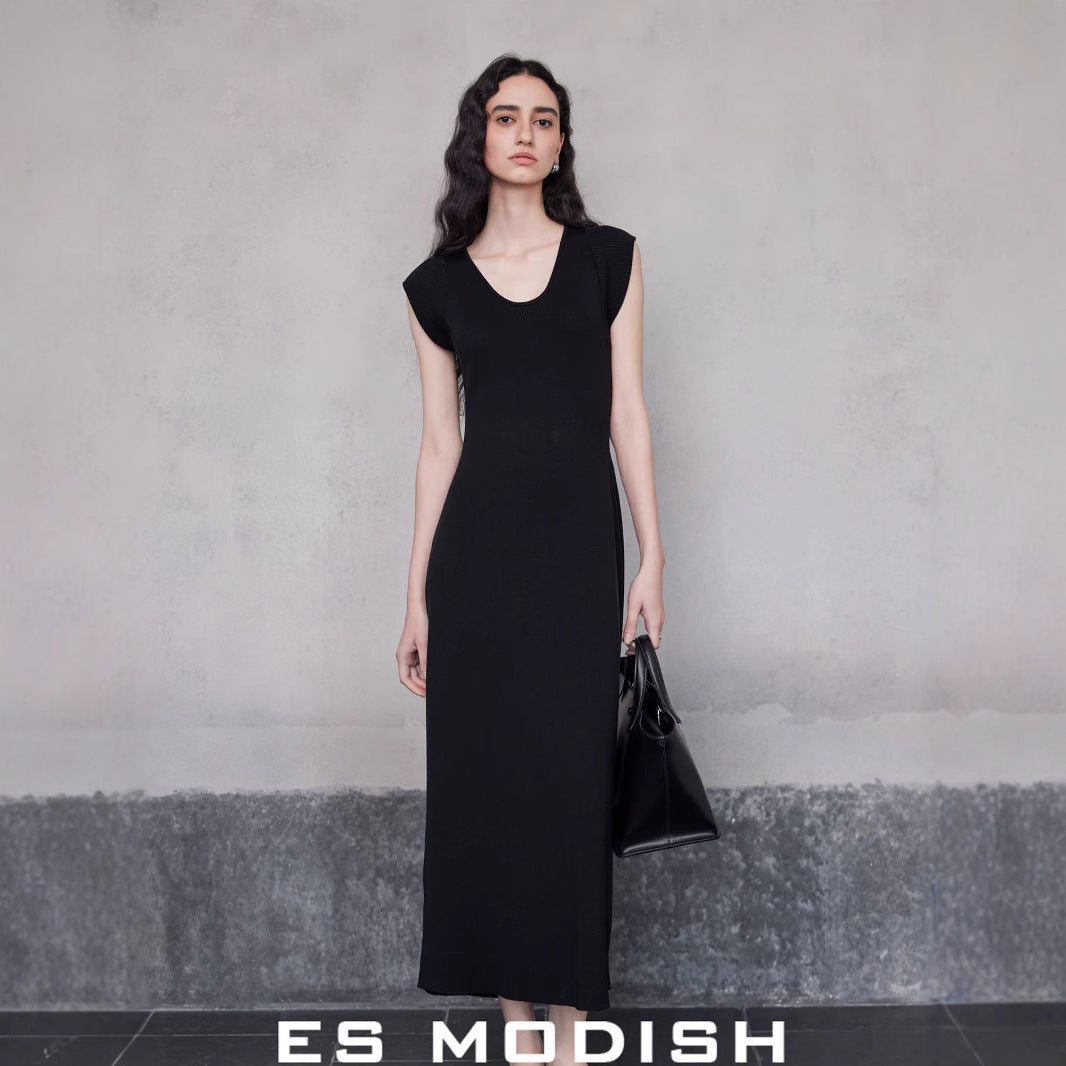 2025 ES MODISH Spring New Product Big Brand Feeling Inner U-Neck Sleeveless Solid Color Dress Tencel Waist Long Dress