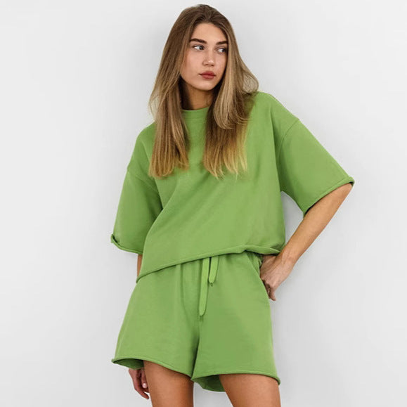 XAKXX Green short-sleeved shorts casual sports suit 2025 early spring 2025 new fashion cross-border wholesale two-piece set women