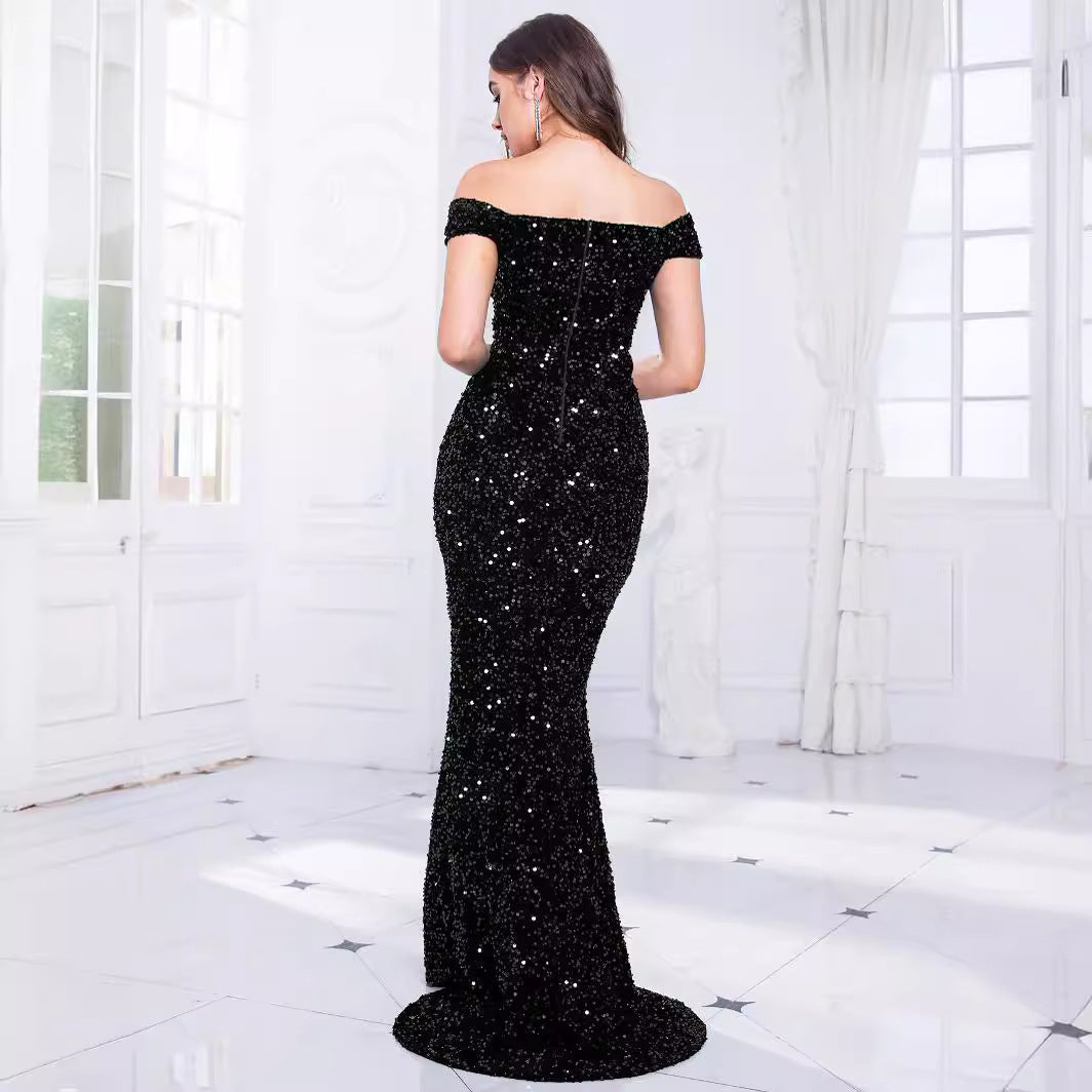XAKXX 2025 popular new spring and summer banquet design single shoulder sequins gold heavy industry evening dress women's fishtail dress dress