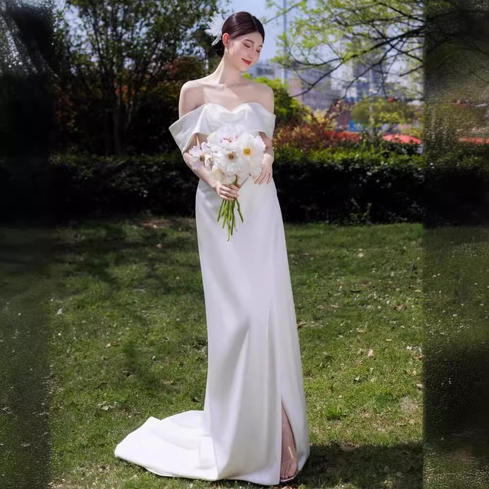 2025 one-word shoulder light wedding dress travel photography temperament simple satin white evening dress bride wedding welcome dress
