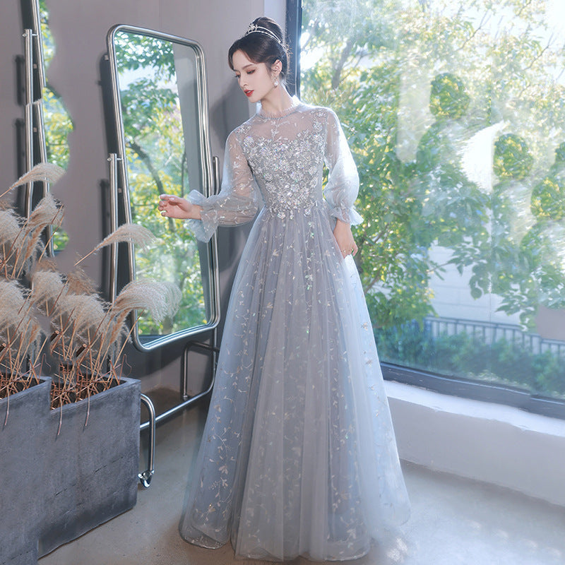 Gray-blue evening dress women's 2025 new banquet fairy temperament art test dress skirt long sleeve birthday party annual ceremony