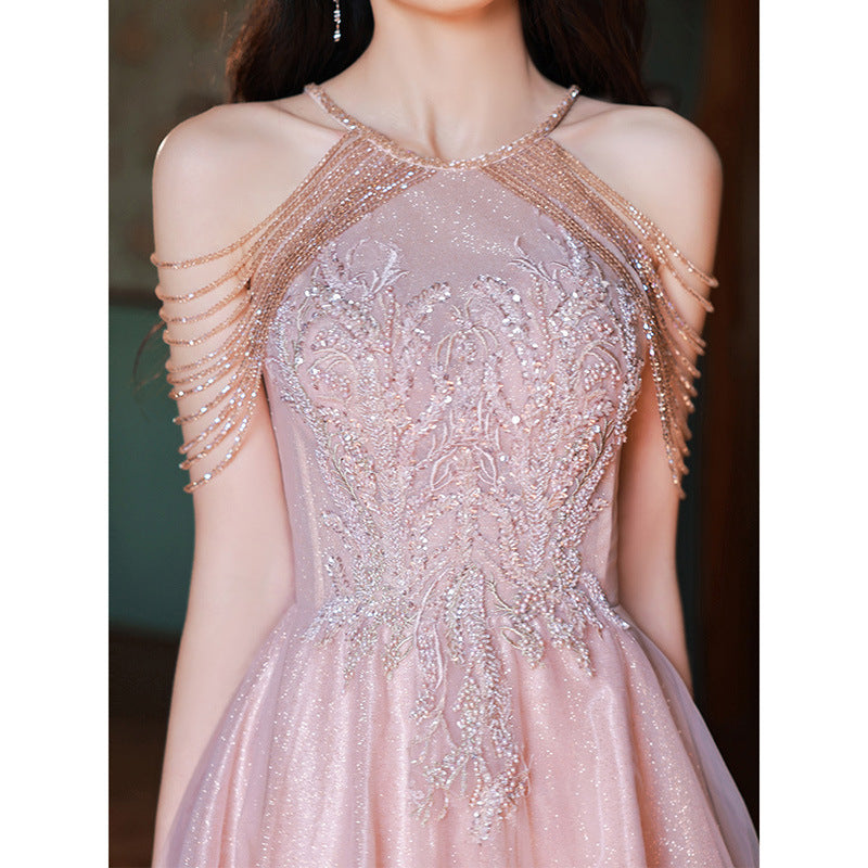 Pink tassel evening dress women's 2025 new spring host celebrity style light luxury toasting dress engagement dress dress