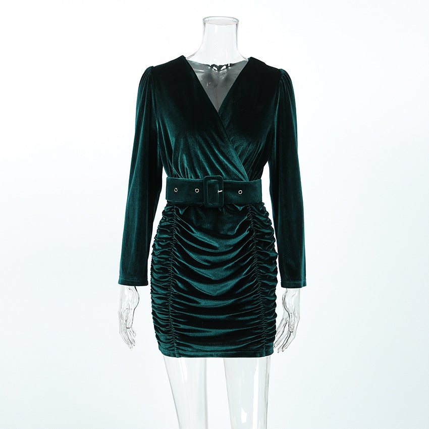 XAKXX 2025Autumn New versatile Korean velvet elegant blue V-neck long-sleeved slim-fitting belt slim dress fashion skirt