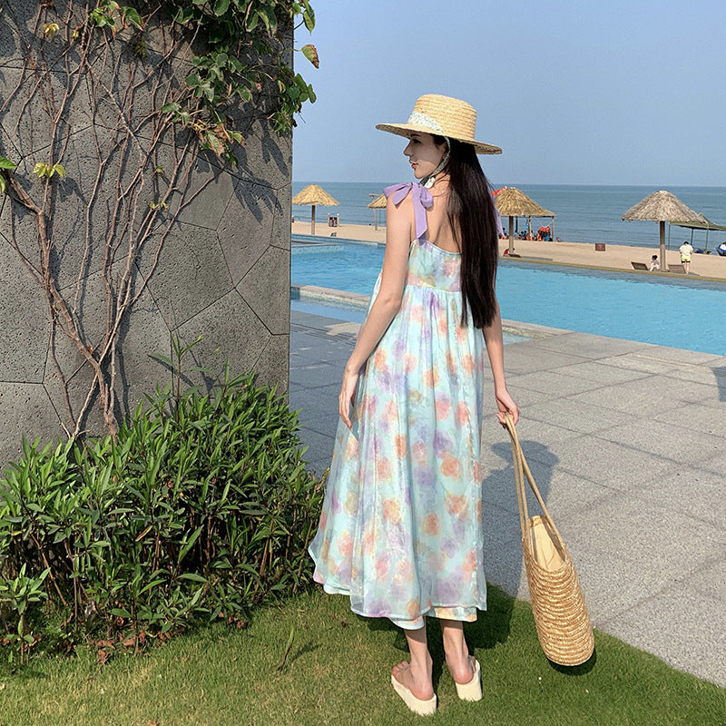 2025 Summer dopamine seaside vacation skirt coffee break beautiful printing super good-looking pure desire wind suspender dress