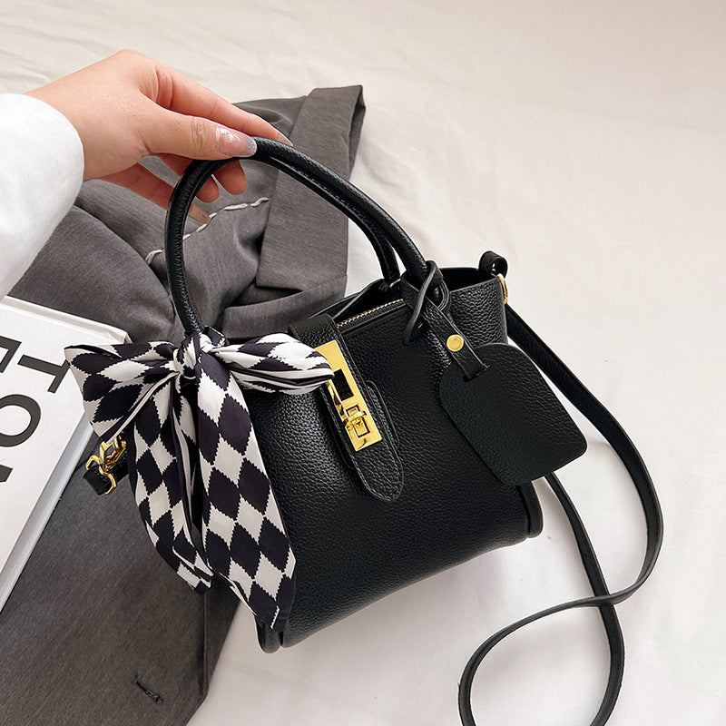XAKXX 2025 New Fashion Silk Scarf Portable Bucket Bag Women's Bag High-end Litchi Pattern One Shoulder Crossbody Simple Mother and Child Bag