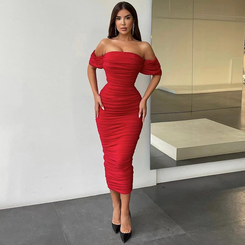 XAKXX Tube top one-word shoulder pleated dress European sexy aura beautiful woman tight one-step skirt waist hip lift hip wrap skirt