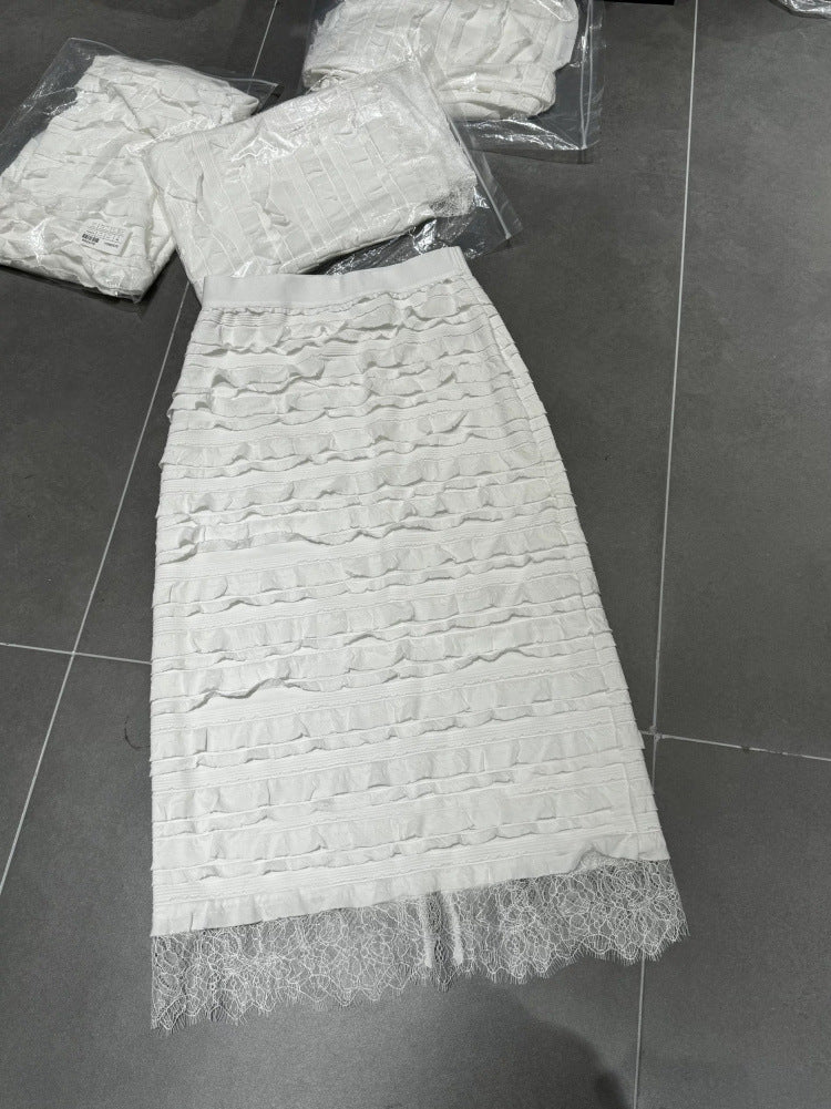 2025 Spring , fashionable pleated hem lace stitching slim versatile skirt