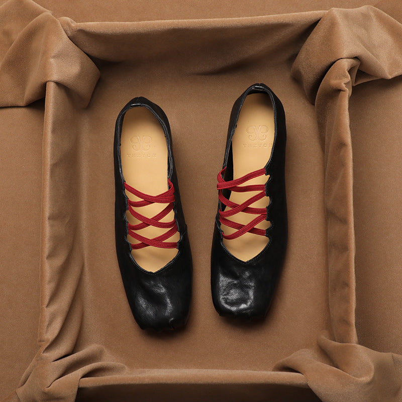 2025 Sheepskin version retro pleated square head single shoes cross strap high heel ballet shoes pig nose thick heel Mary Jane shoes