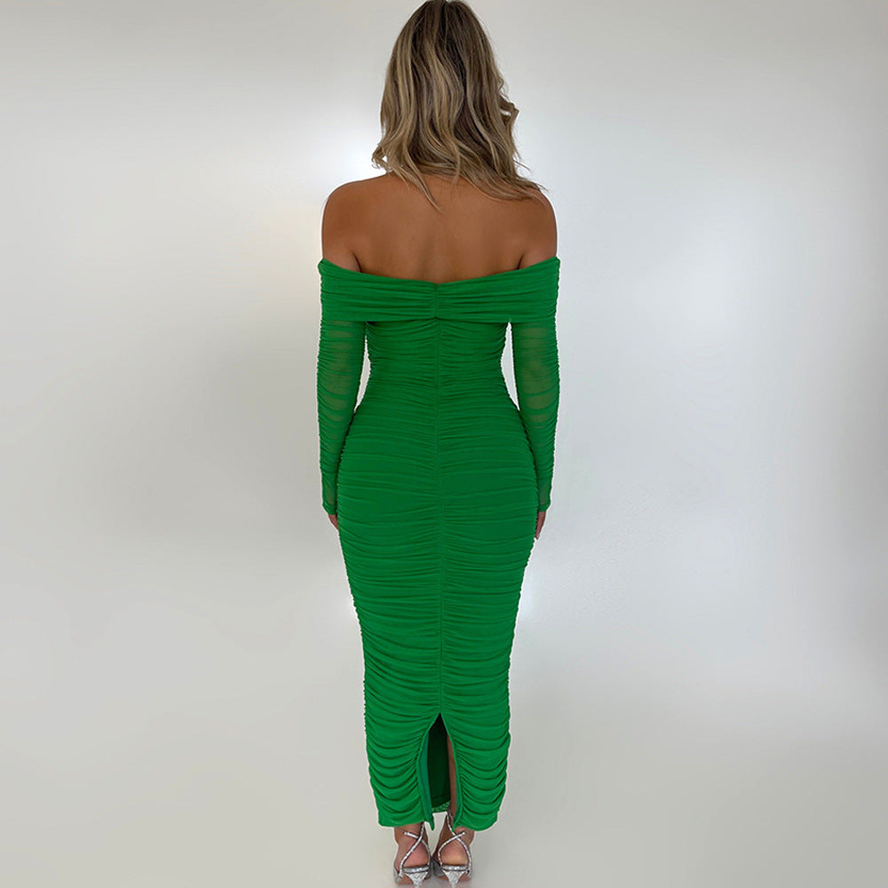 2025 New new mesh one-word shoulder pleated dress Popularan beautiful woman decoration body long-sleeved hip-wrapped dress