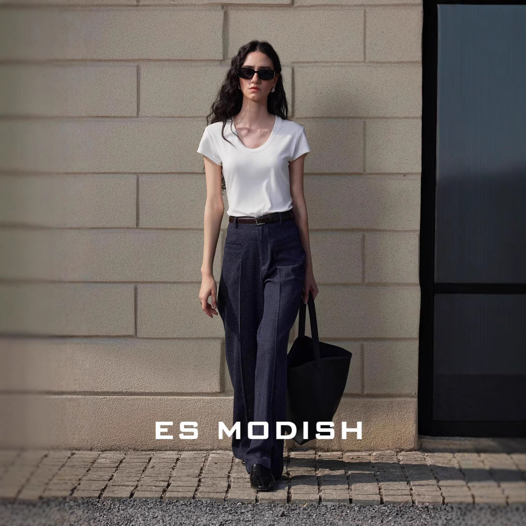 2025 ES MODISH spring new Korean micro-high waist loose and thin versatile denim casual pants (with belt)