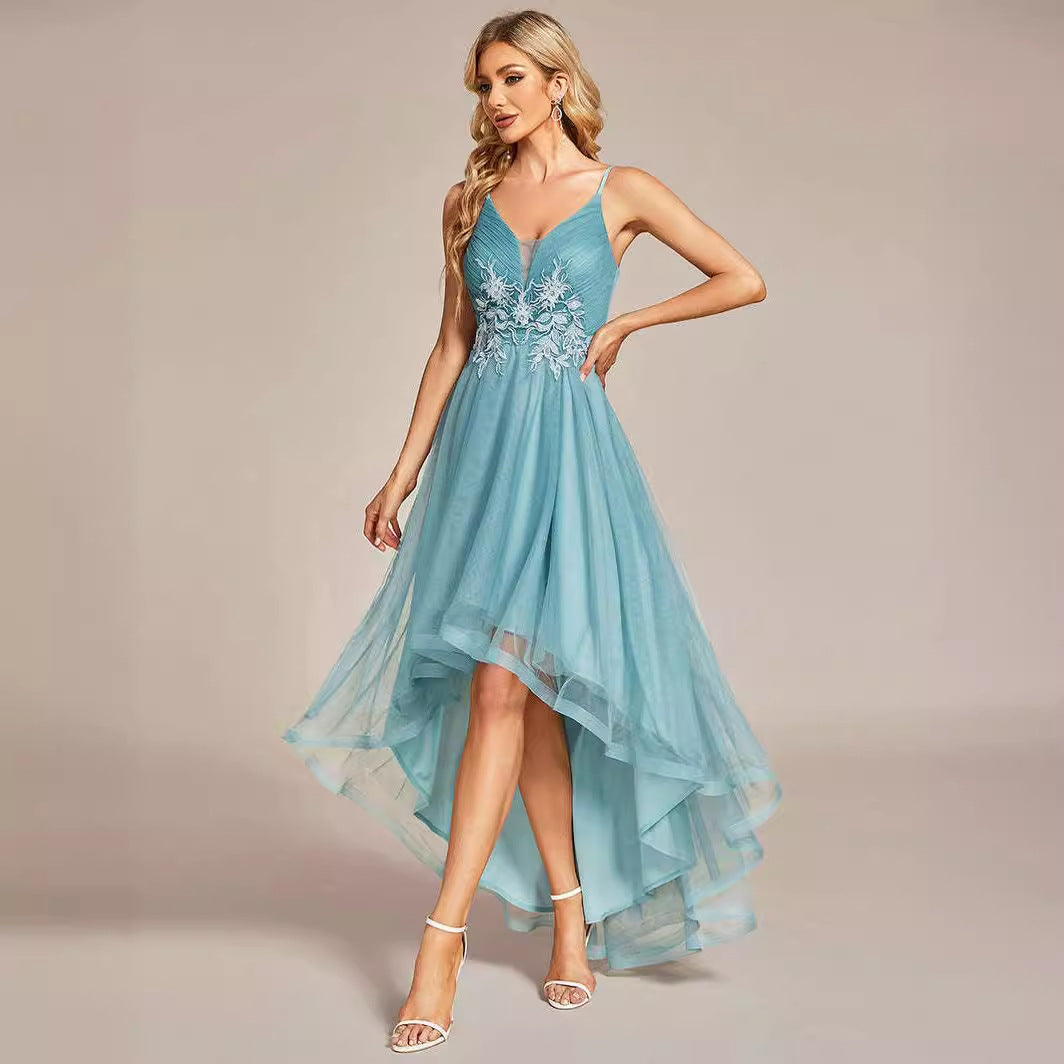 2025 popular autumn new 2025 dresses deep V simple front short rear long mesh yarn annual meeting bridesmaid dance evening dress