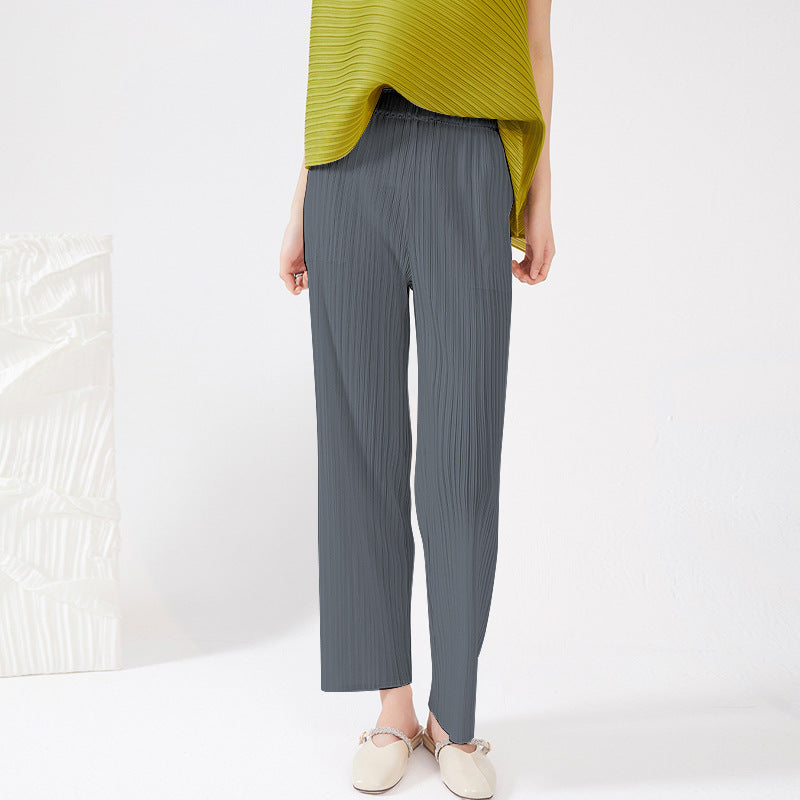 2025 wide-leg pants women's summer new high-waisted versatile elastic waist loose commuter straight pants pleated casual pants