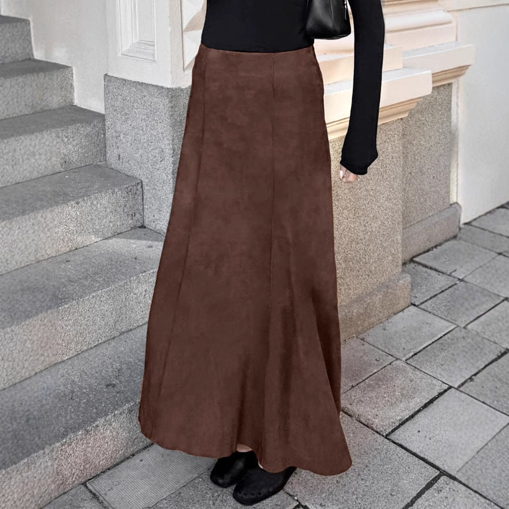 XAKXX Autumn and winter retro new fashion knitted matte velvet brown slim-fitting high-waisted straight skirt casual long dress women