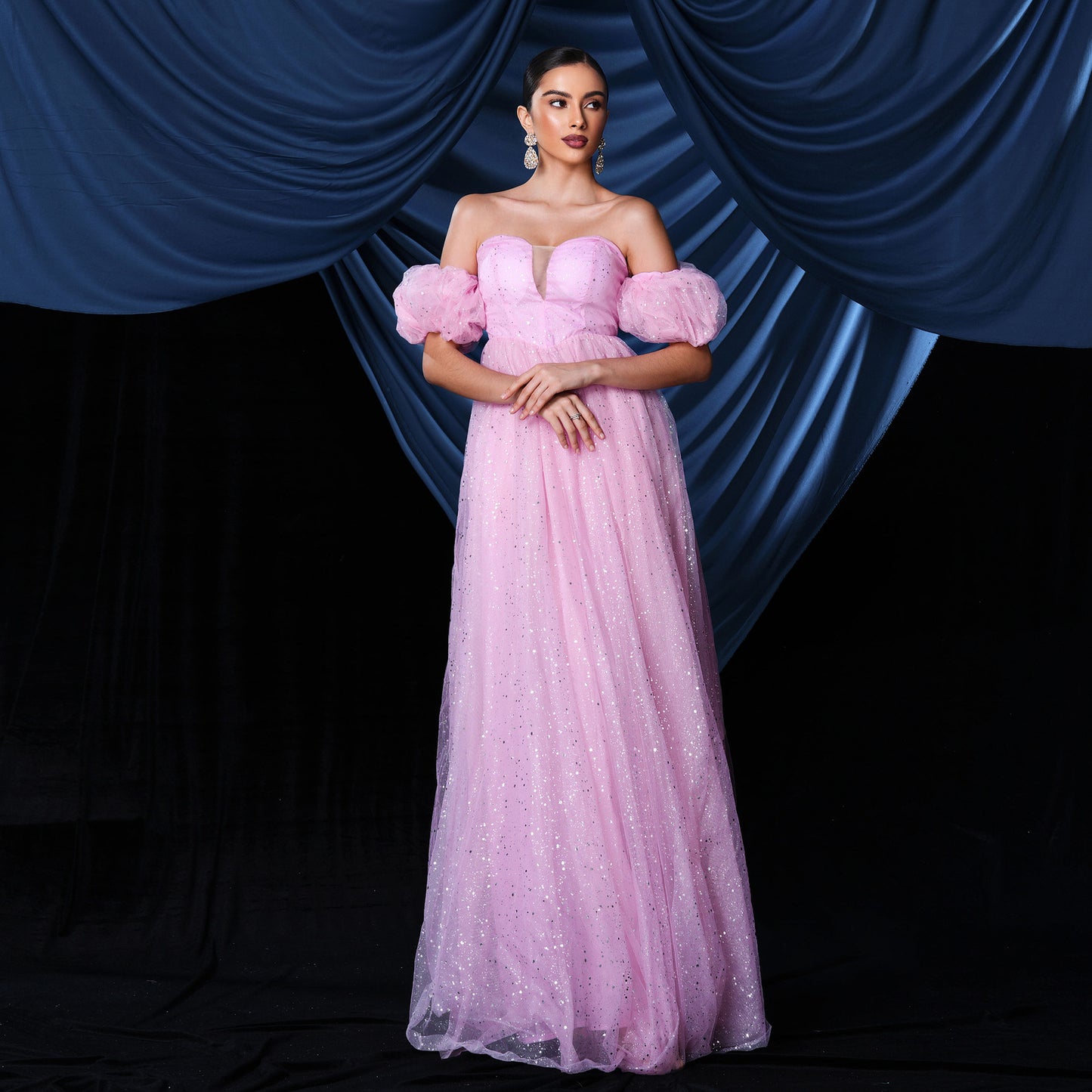 2025 short-sleeved temperament one-word collar sexy chest wrap long mesh banquet evening dress bridesmaid dress dress