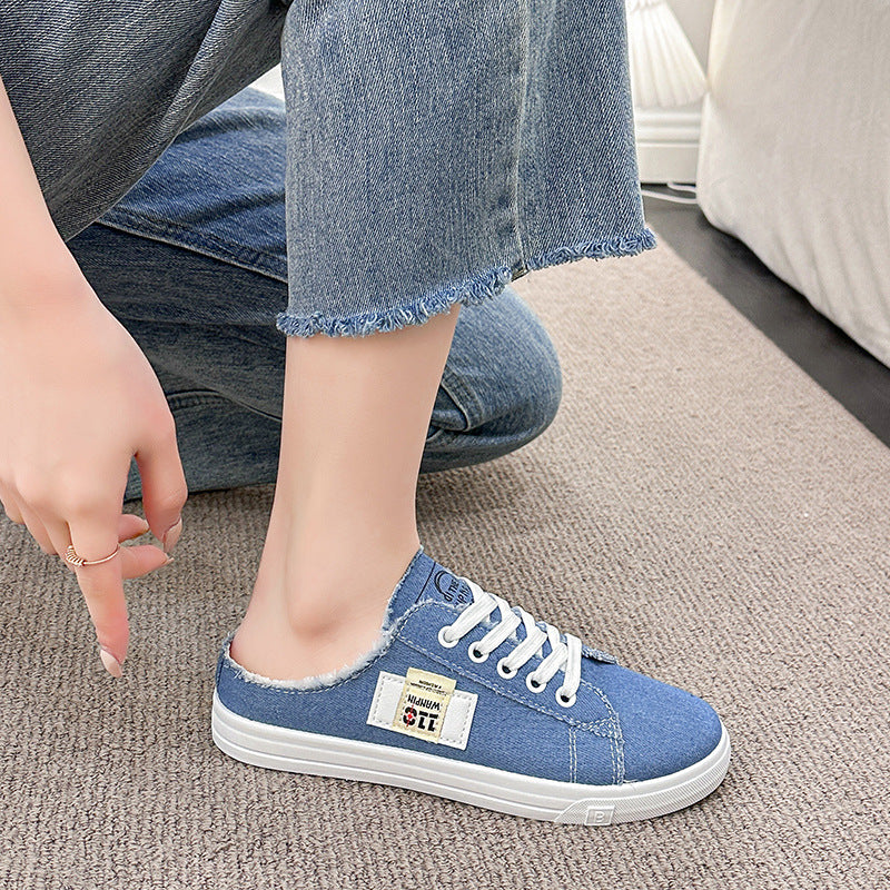 xakxx Spring and Autumn New Canvas Shoes Female Students Half Slippers Slip-on Lofter Versatile Breathable Casual White Shoes Fashion