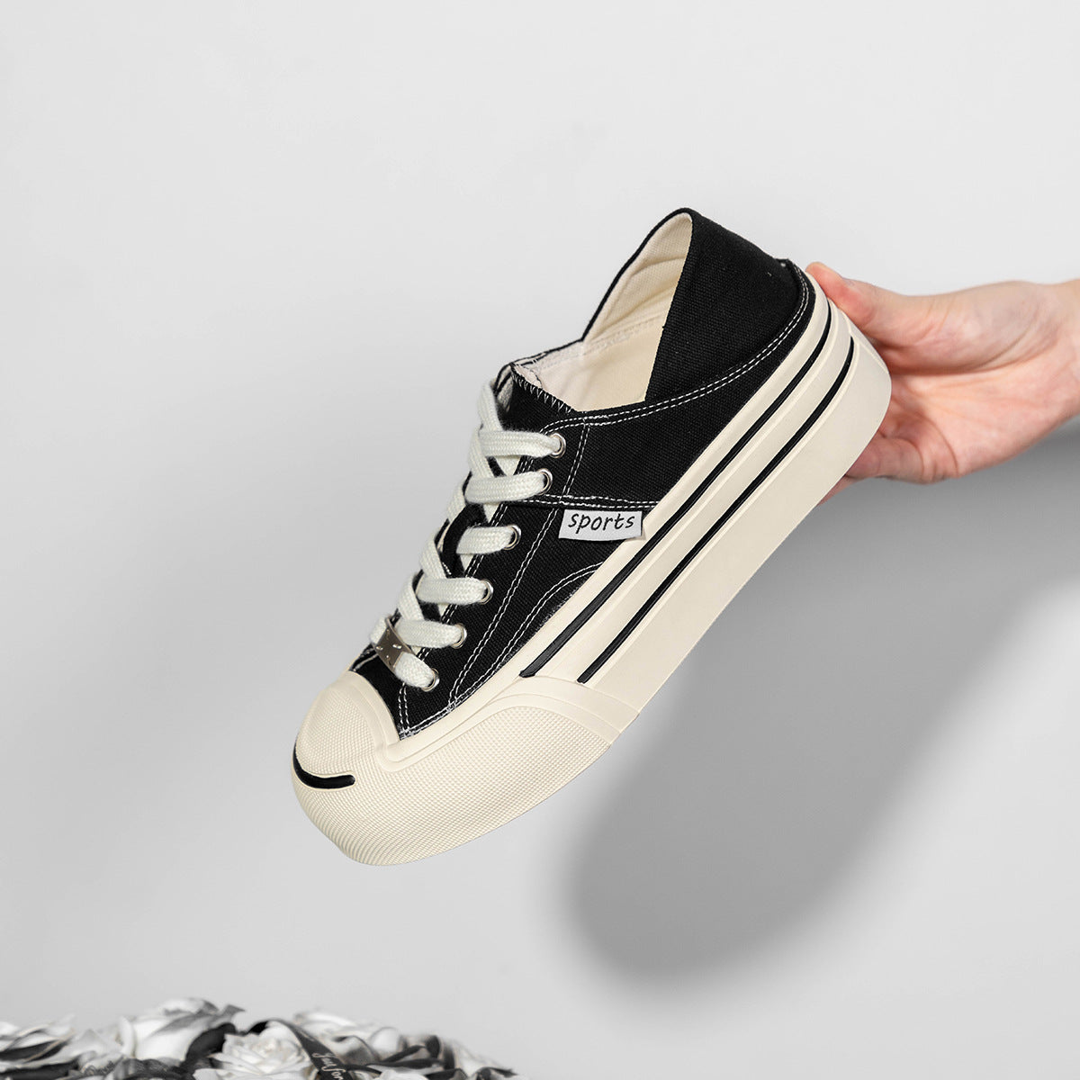 xakxx Classic round Toe Jack Purcell Thick-Soled Canvas Shoes for Women 24 New Summer Sports Casual Two-Way Wear Small Silver White Shoes for Women