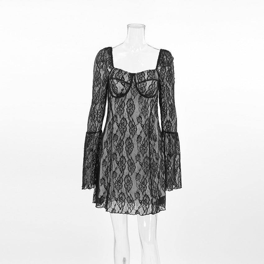 XAKXX 2025Autumn Black Sexy Design Sense Lace Hollow Temperament Square Neck Bubble Sleeve Slim Lace-up Dress Women
