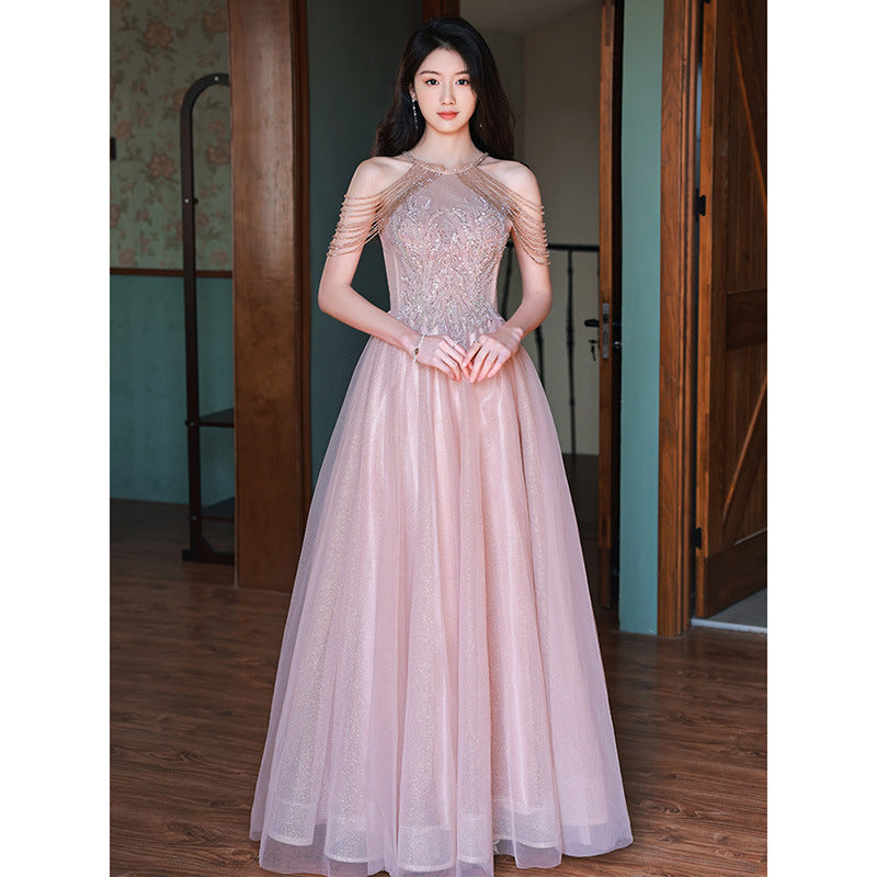 Pink tassel evening dress women's 2025 new spring host celebrity style light luxury toasting dress engagement dress dress