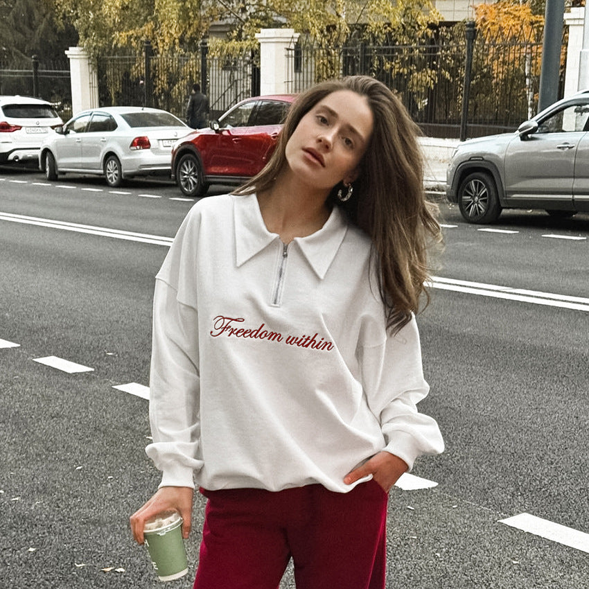 XAKXX Casual Autumn Fashion Embroidery Classic White Lapel Loose Knitted American Sweater Spice Girl Versatile Top Women's Clothing