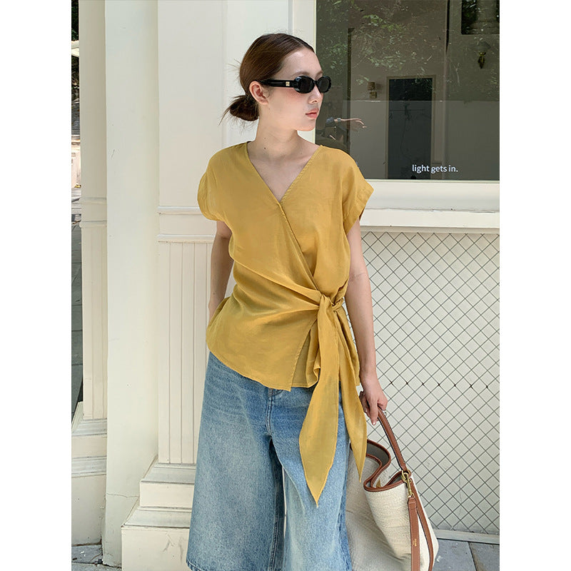 2025 Ramie Tencel Cross Design Sense Shirt 2025 Thirteen Lines Summer New Shirt Women's T5059X