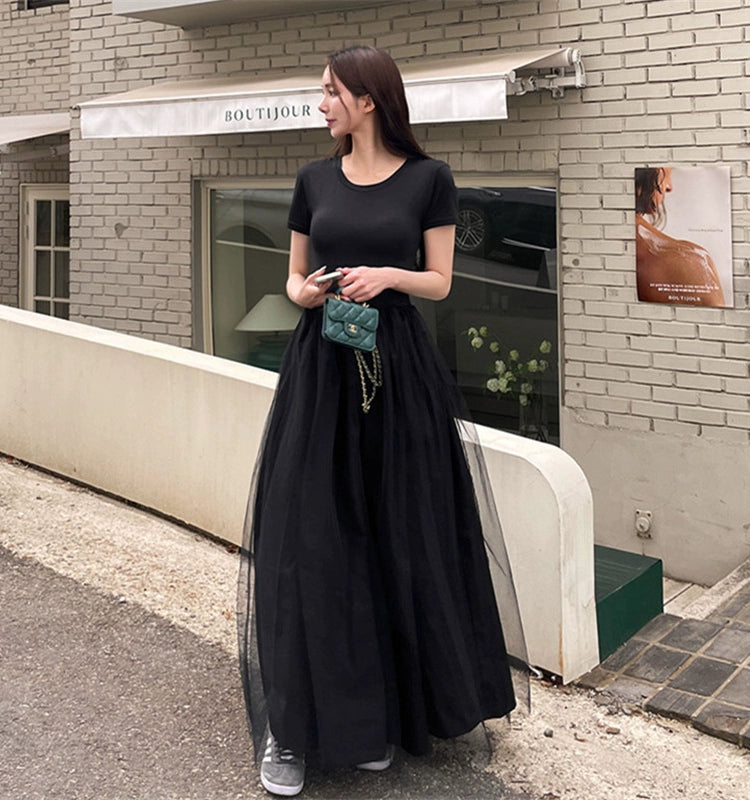 Black Hepburn short-sleeved knitted dress women's summer waist thin mesh stitching temperament long skirt
