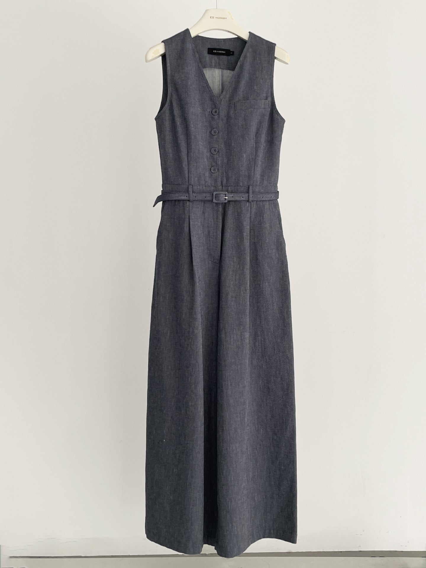 2025 ES MODISH spring new Korean version niche V-neck sleeveless waist denim jumpsuit (with belt) girls