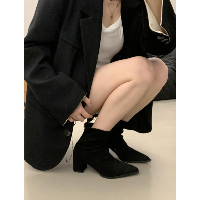 2025 temperament pointed suede thin boots Korean version versatile thick heel short boots women's boots commuter high heel fashion boots