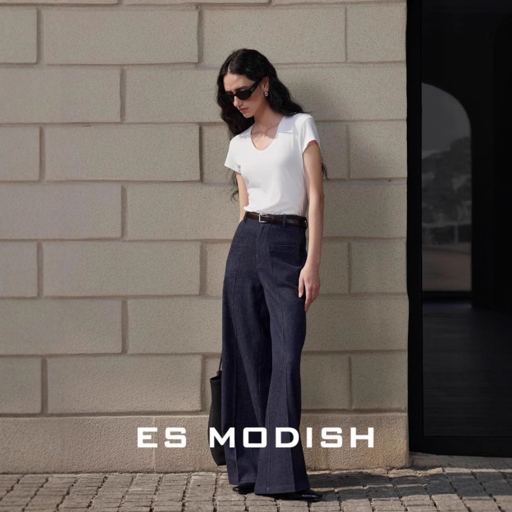 2025 ES MODISH spring new Korean micro-high waist loose and thin versatile denim casual pants (with belt)