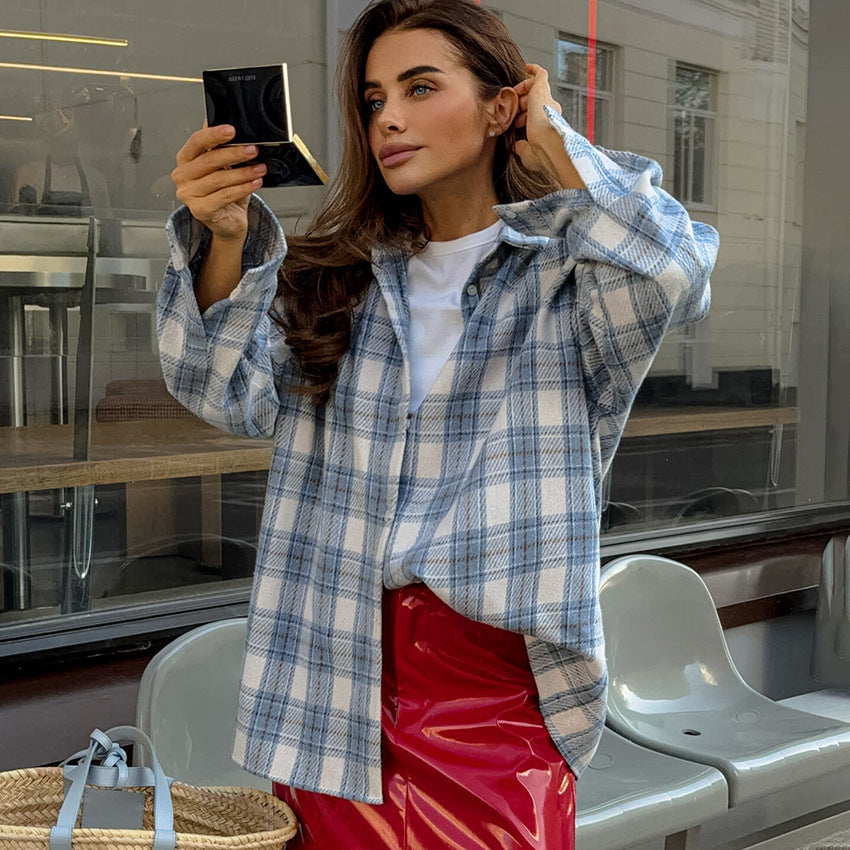 XAKXX Beach casual blue fashion temperament polyester cotton plaid shirt autumn and winter 2025 commuting loose versatile women's clothing