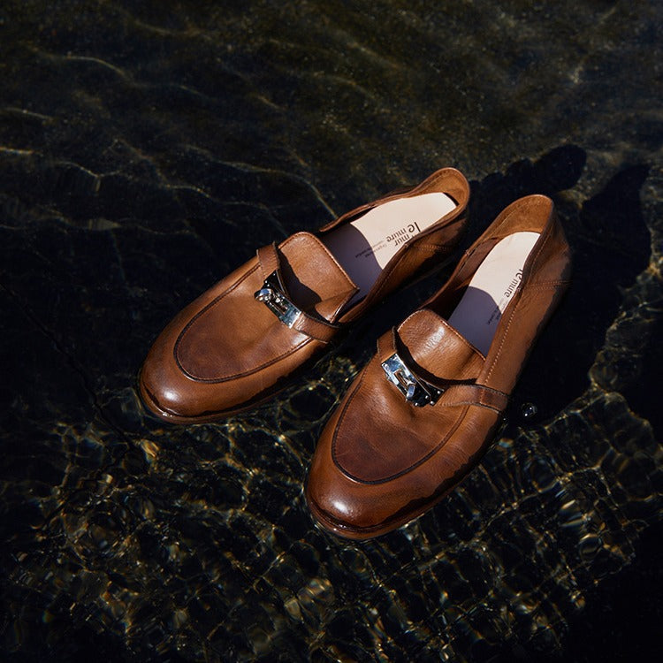 2025 Cowhide version~ New retro British style old washed horse leather horse seat buckle one pedal lazy loafers women's shoes