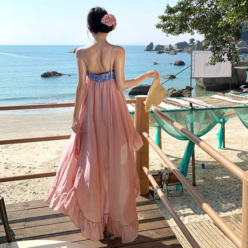2025 Summer super fairy pink color matching seaside vacation dress niche design party birthday party toasting clothes