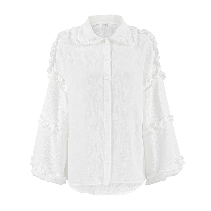 XAKXX Spring and summer fashion casual pure cotton white loose lapel lantern sleeve commuter shirt women's design shirt