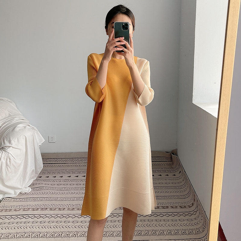 2025 women's clothing medium and long dress splicing temperament commuting loose contrasting color dress fat mm stomach A-word skirt Popular style