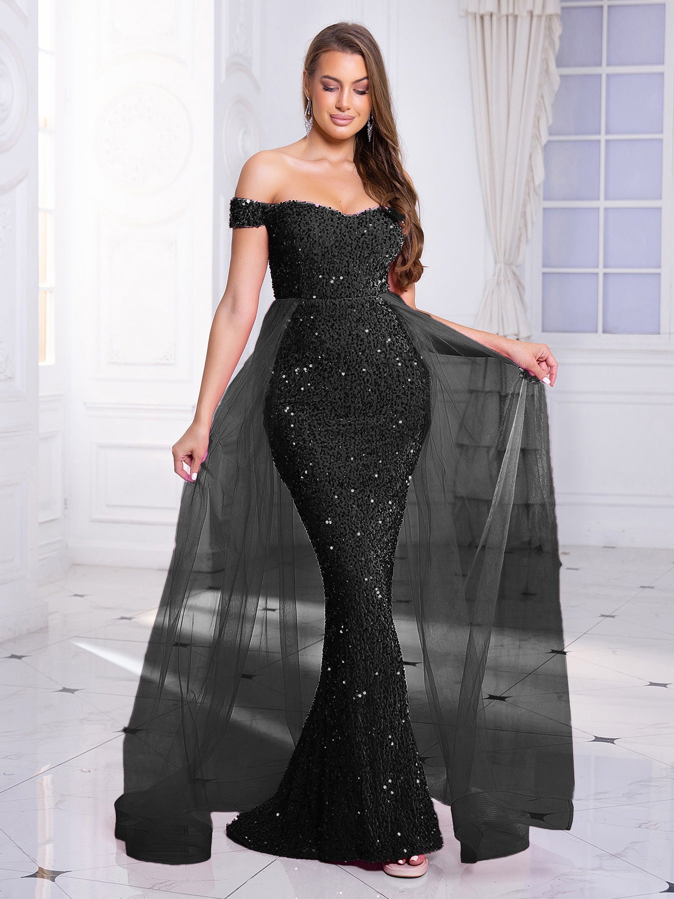 2025 sequined evening dress popular new autumn heavy industry fishtail long hosting banquet one-word shoulder annual meeting dress