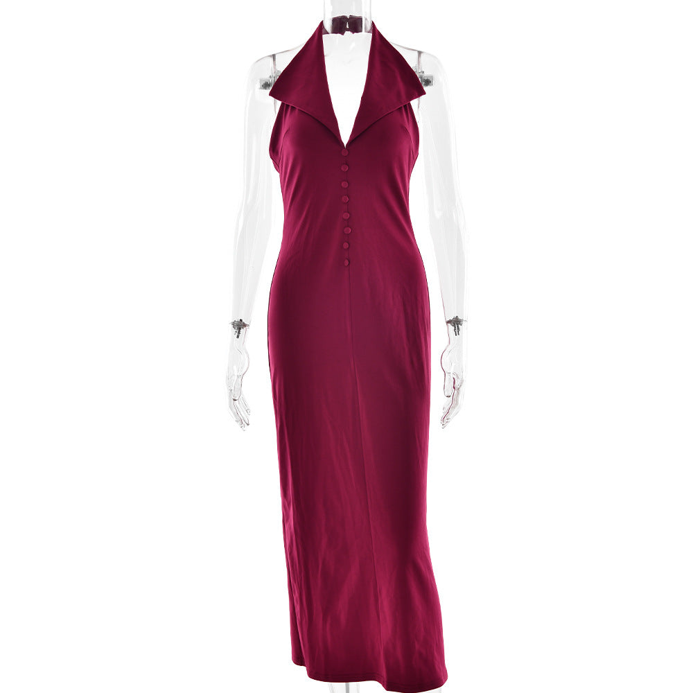 2025 New autumn new neck lapel hip-wrapped long dress fashionable and sexy sleeveless backless slim dress