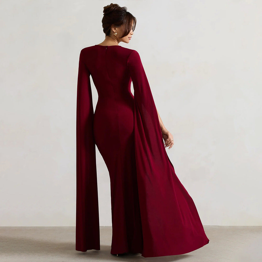2025 New popular new dress square collar mopping floor long sleeve high split end solid color sexy dress