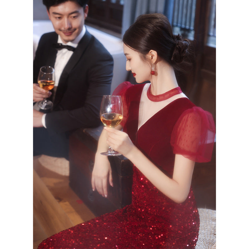 Toast Bride popular New Burgundy Engagement Dress Cross-border Feeling Pavilion Banquet Wedding Evening Dress Women