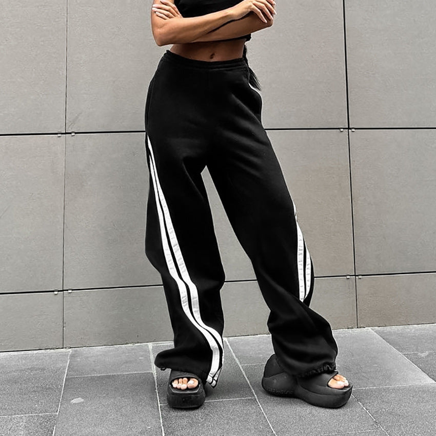 XAKXX 2025popular autumn and winter fashion black knitted personalized contrasting color versatile trousers 2025 commuter lace-up low-rise casual trousers women