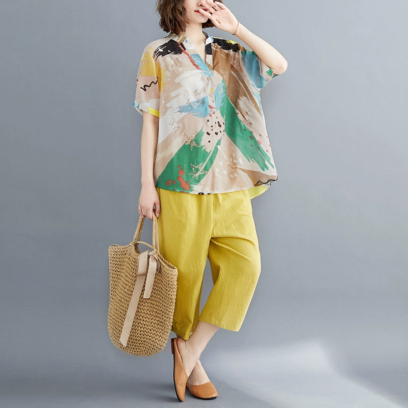Age-reducing and thin suit, fashionable summer clothing, large-size women's clothing, loose-printed top, cotton and linen casual Harlan pants, two-piece set