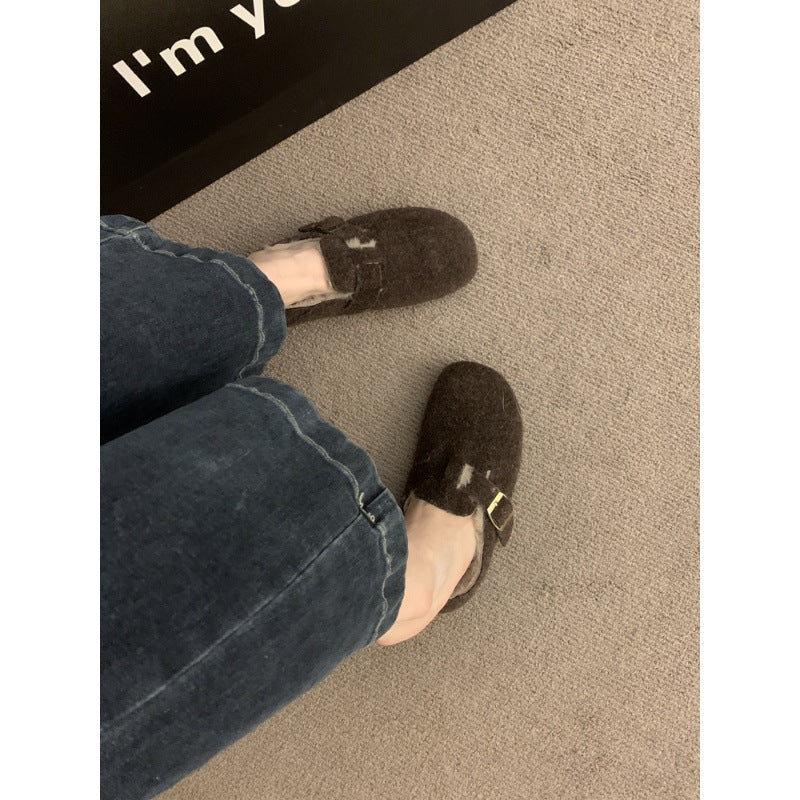 2025 Birkenstock shoes women's autumn and winter velvet popular new Korean version retro flat-bottomed one-pedal thermal cotton shoes