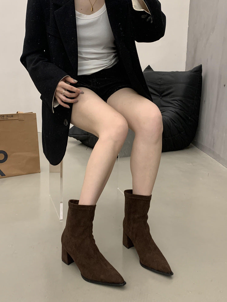 2025 temperament pointed suede thin boots Korean version versatile thick heel short boots women's boots commuter high heel fashion boots