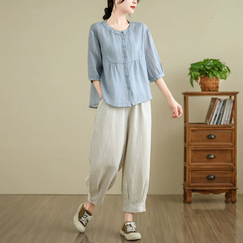 Casual cotton and linen suit, new fashion nine-point Harlan pants in summer , loose meat covering and thin mother outfit