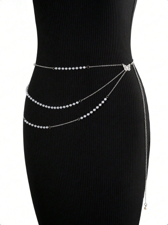 4580 New popular women's pearl beads with metal chain waist chain belt versatile fashion jewelry accessories
