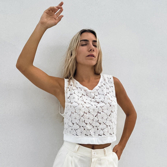 XAKXX 2025 new lace hollow jacquard short vest 2025 spring and summer simple leisure commuting versatile cross-border