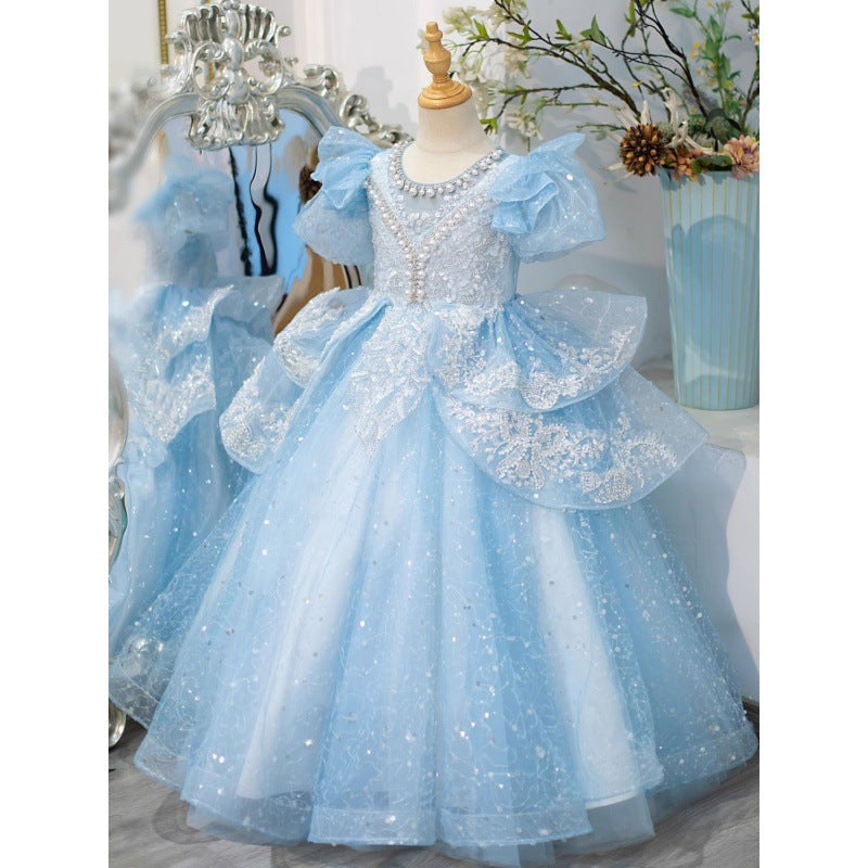 High-End Girl's Blue Evening Dress Summer New Children's Princess Dress Flower Girl Wedding Little Girl Tulle Tutu