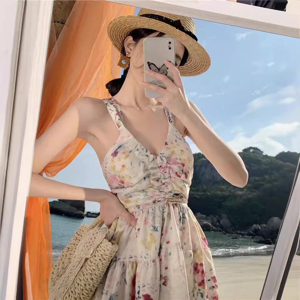 2025 Premium floral print suspender skirt seaside vacation dating fairy wear halter slim dress women's summer